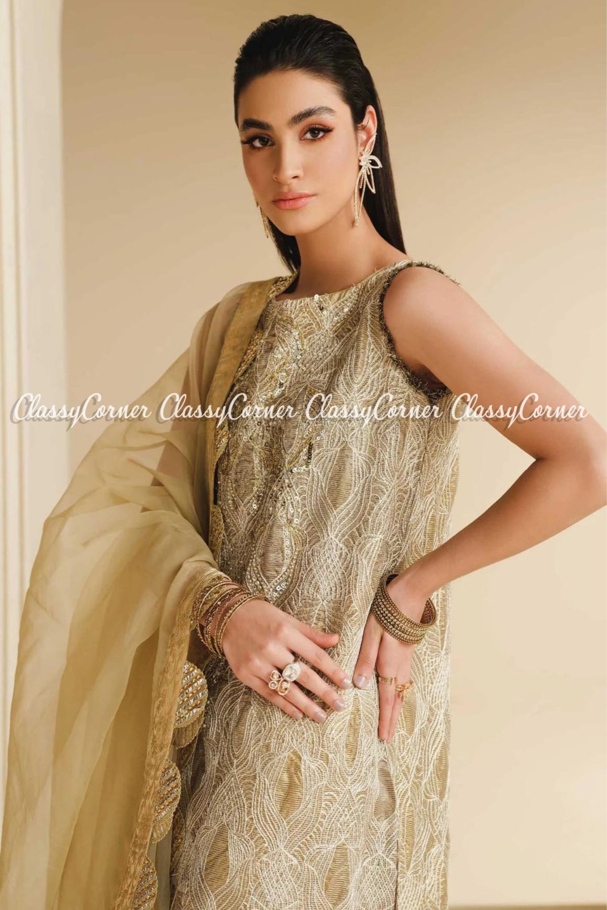 Beige Golden Organza Embroidered Pakistani Salwar kameez