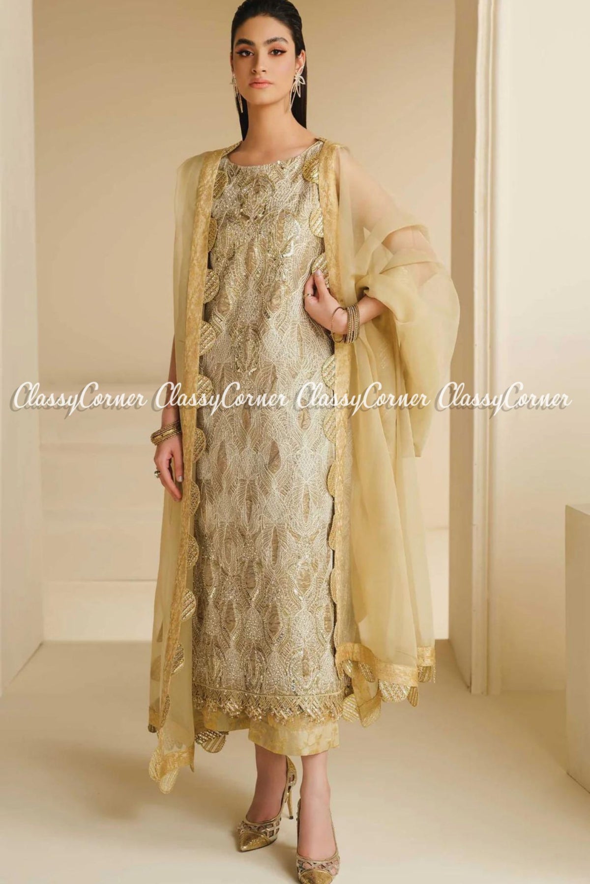 Beige Golden Organza Embroidered Pakistani Salwar kameez