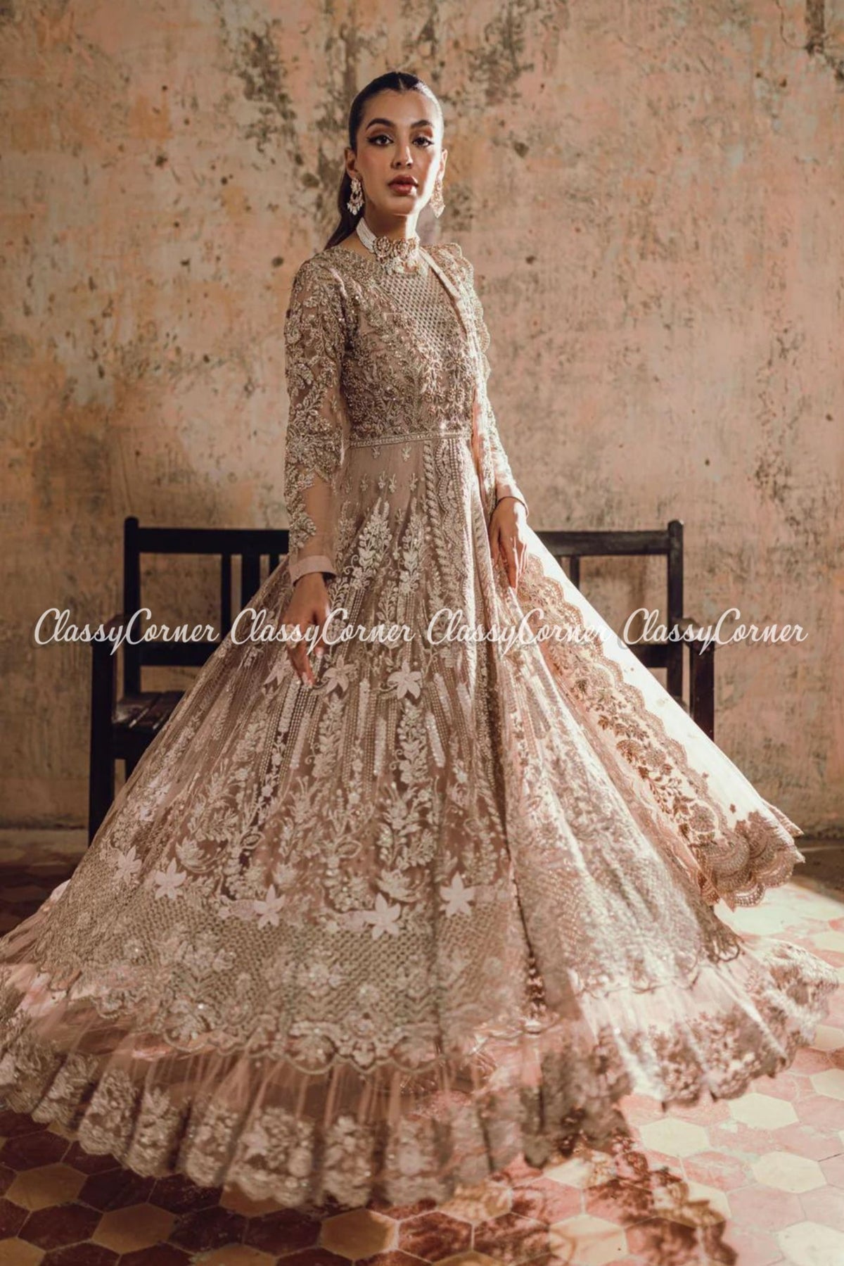 Beige Net Embellished Bridal Wear Gown