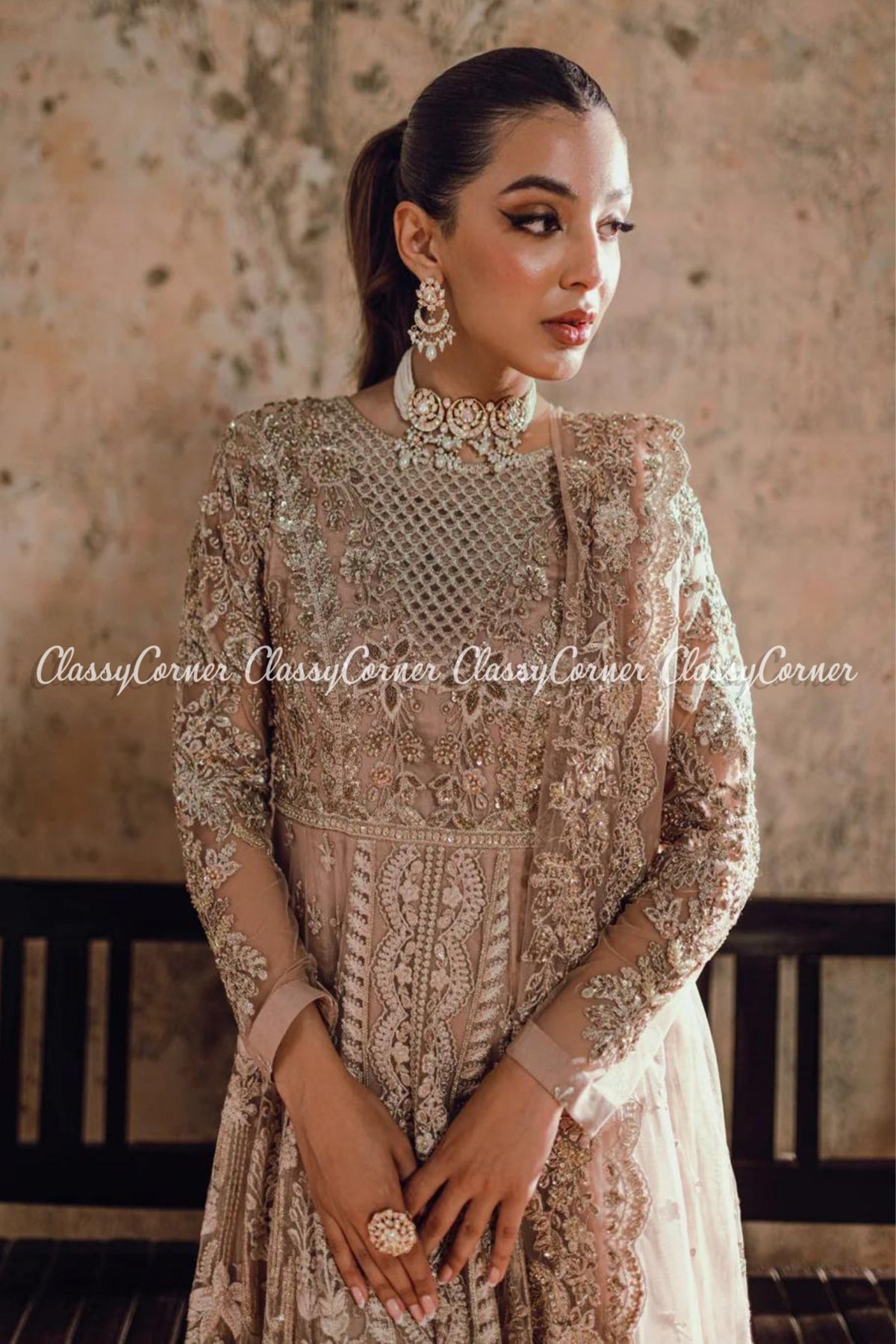 Beige Net Embellished Bridal Wear Gown