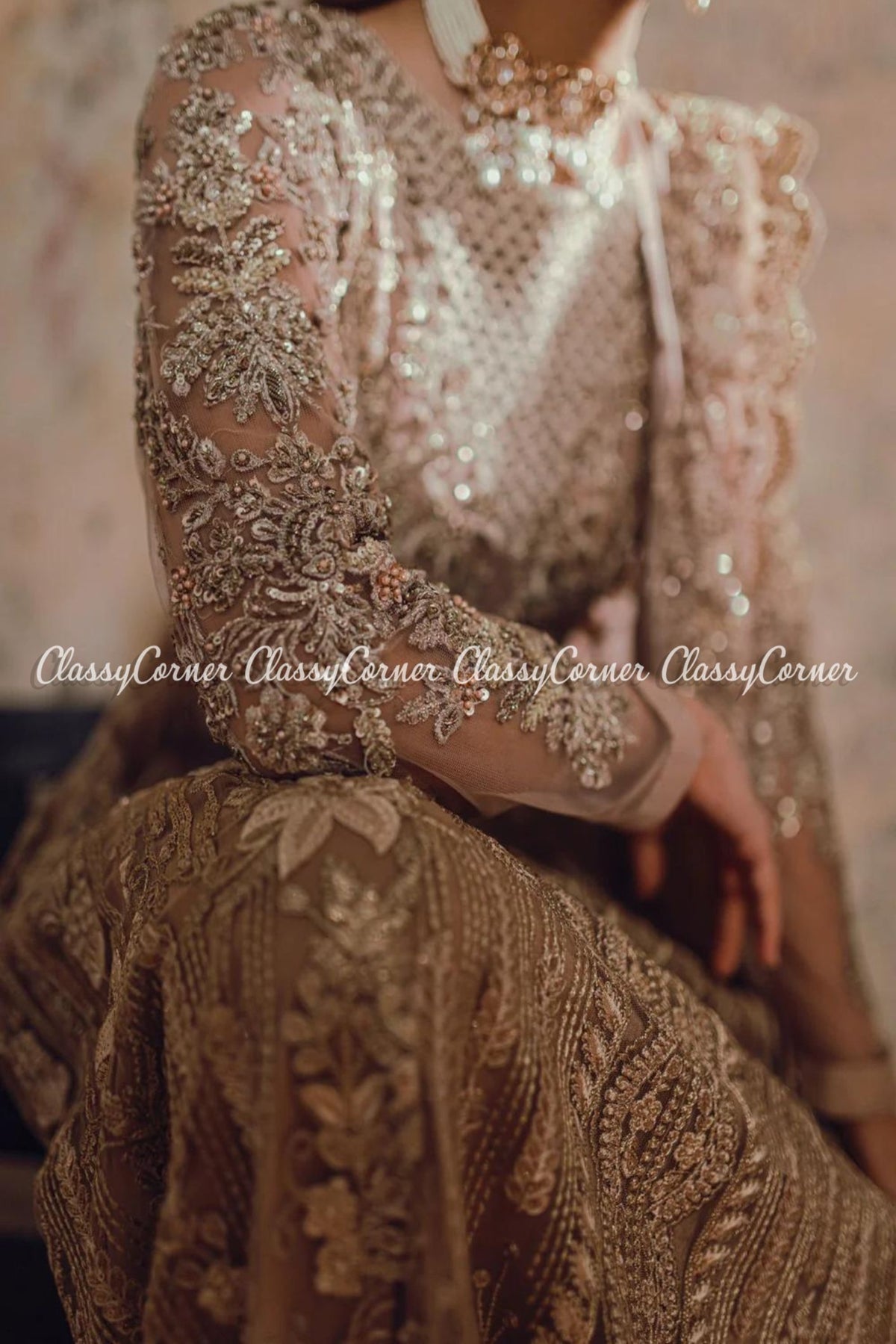 Beige Net Embellished Bridal Wear Gown