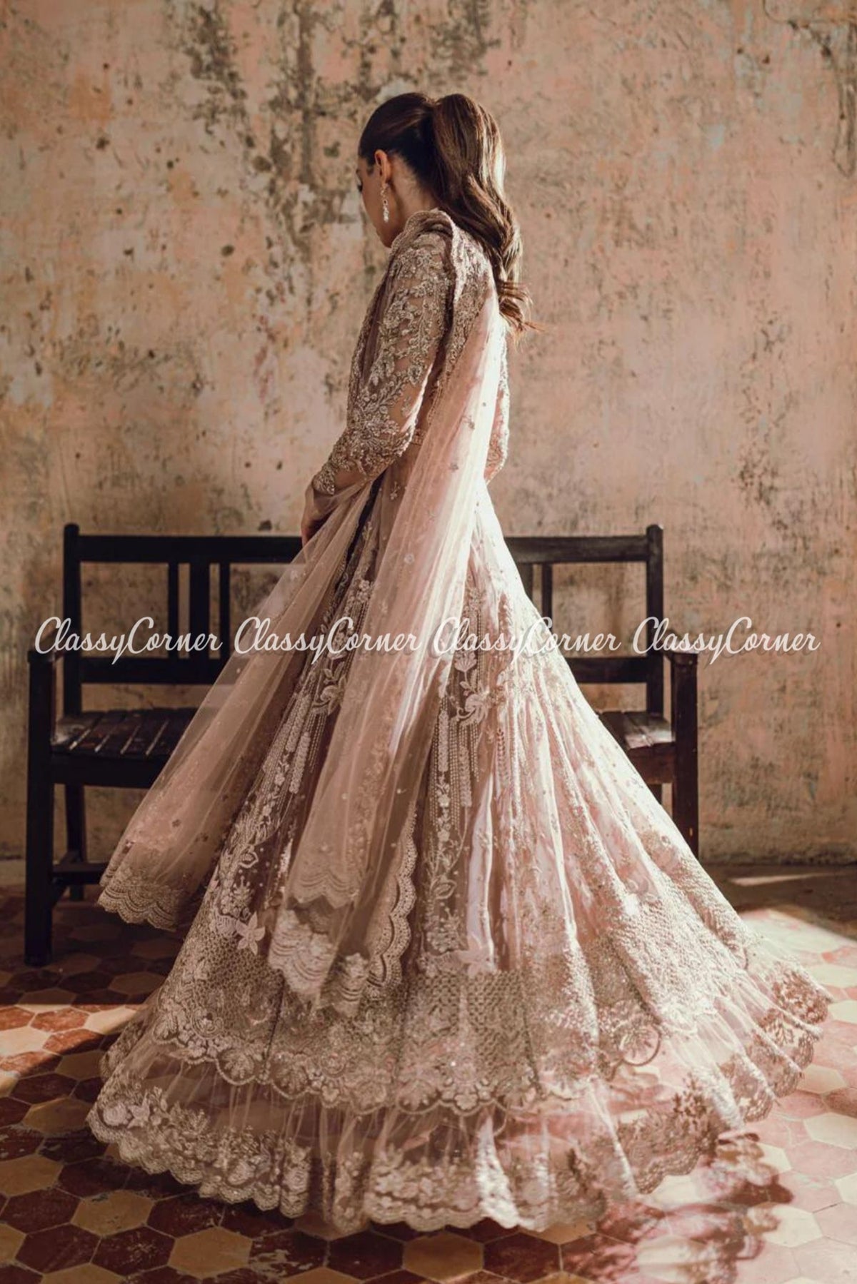 Beige Net Embellished Bridal Wear Gown