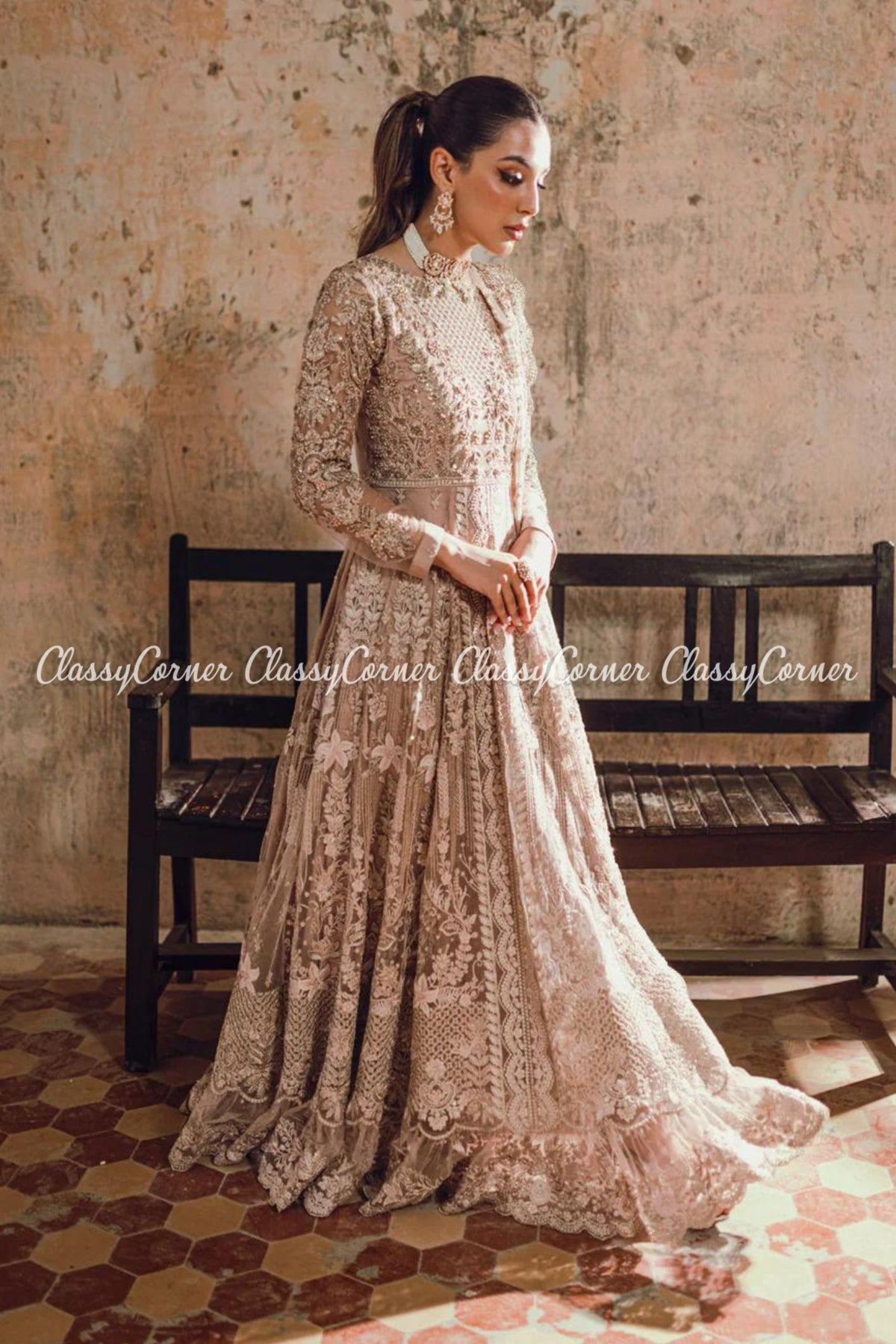 Beige Net Embellished Bridal Wear Gown