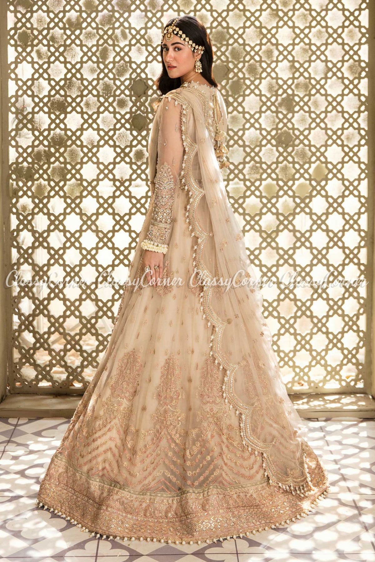 Beige Net Embellished Wedding Wear Lehenga Choli