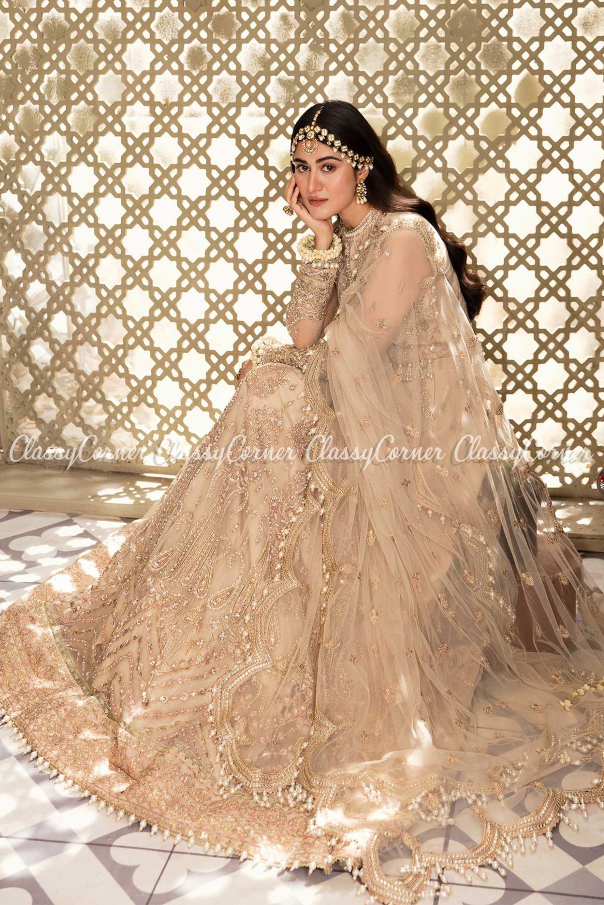 Beige Net Embellished Wedding Wear Lehenga Choli