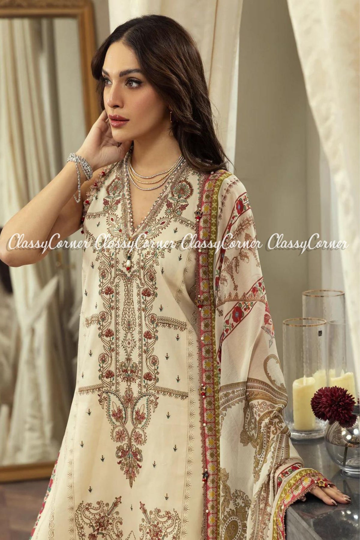 Beige Maroon Lawn Embroidered Pakistani Salwar Kameez