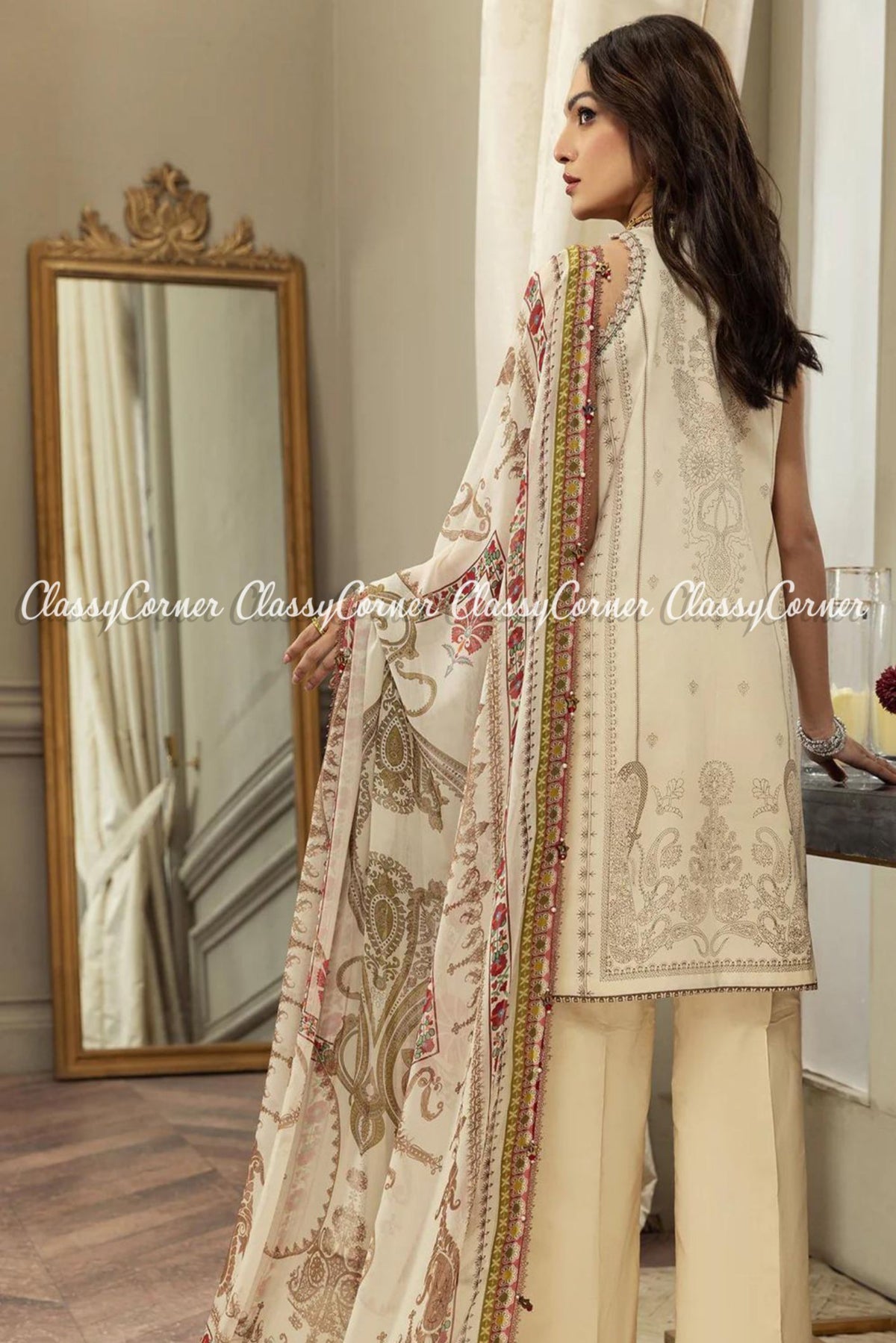 Beige Maroon Lawn Embroidered Pakistani Salwar Kameez