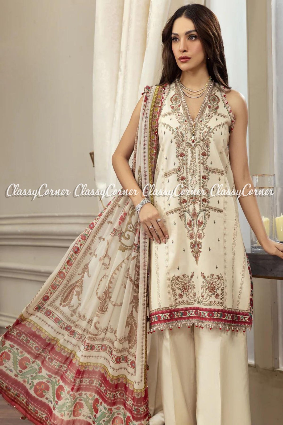 Beige Maroon Lawn Embroidered Pakistani Salwar Kameez