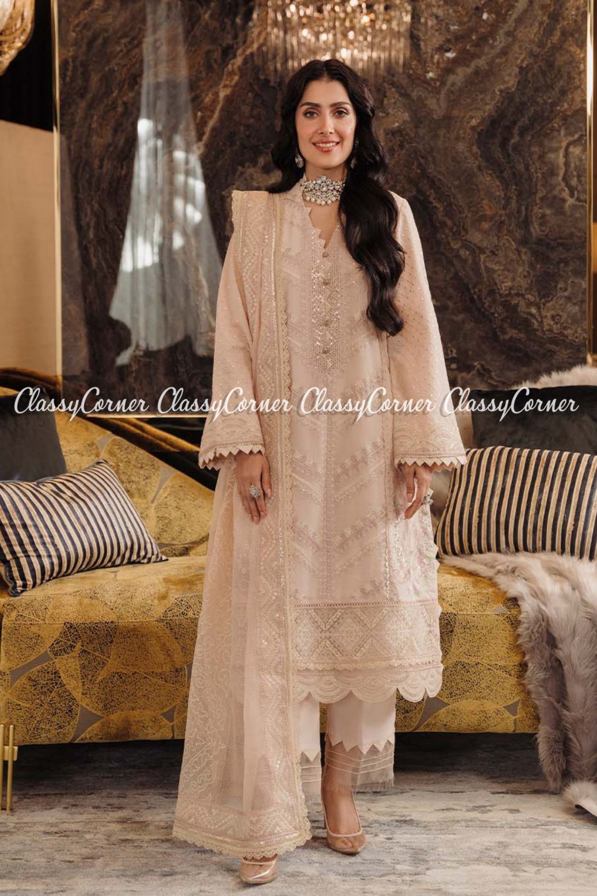 Beige Pink Lawn Embroidered Formal Wear Dress