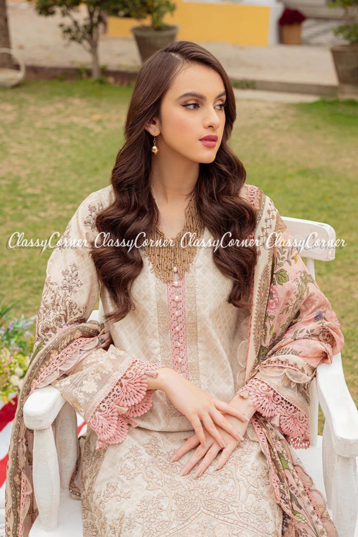 Beige Pink Schiffli Embroidered Lawn Pakistani Salwar kameez