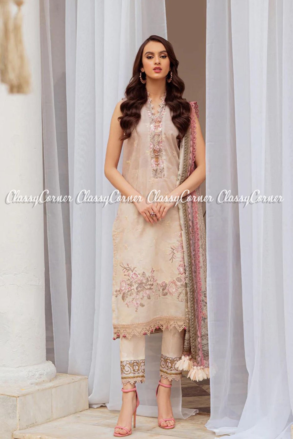 Beige Pink Printed Lawn Pakistani Salwar Kameez