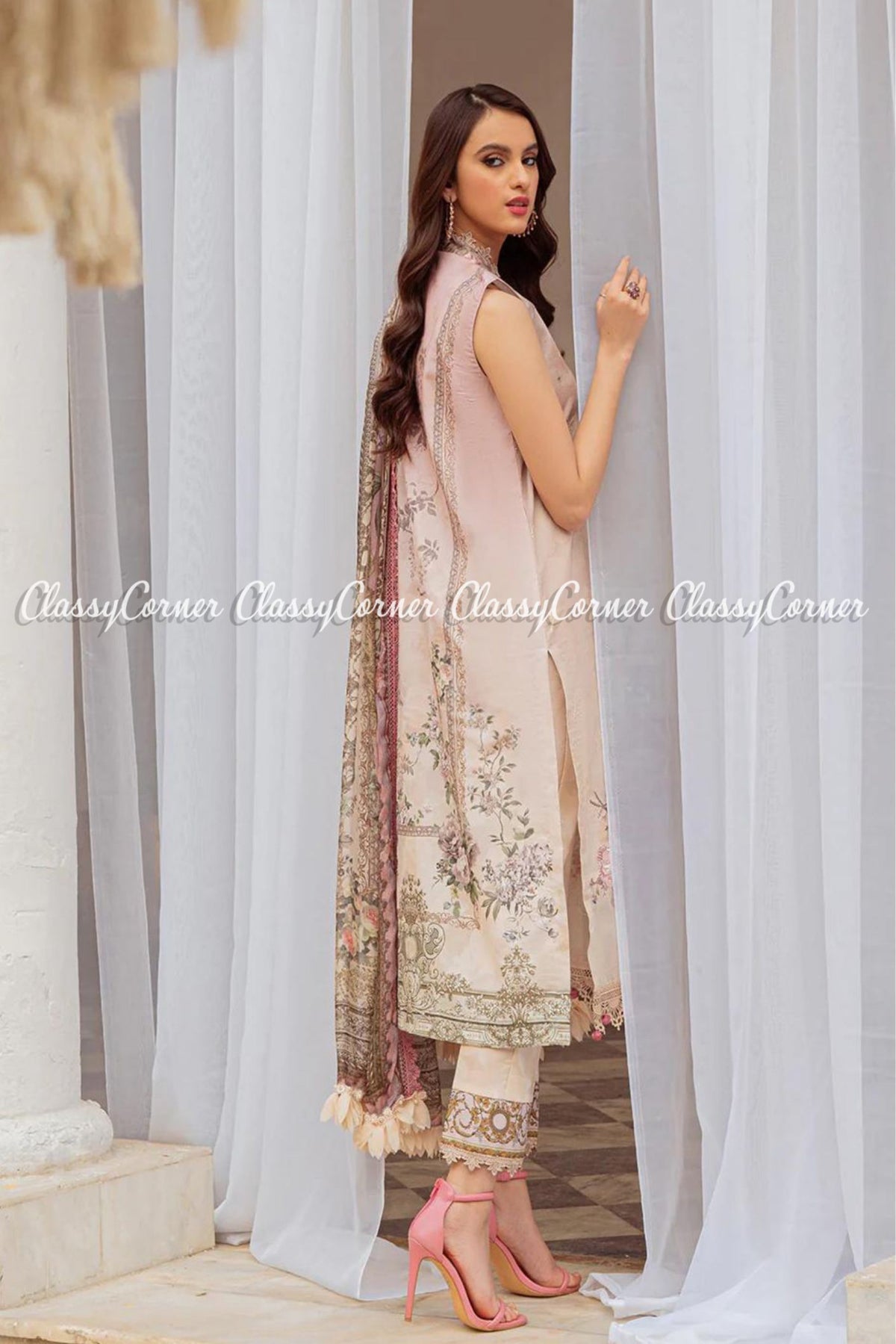 Beige Pink Printed Lawn Pakistani Salwar Kameez