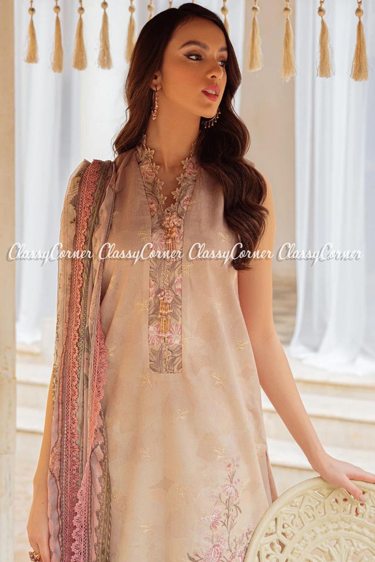 Beige Pink Printed Lawn Pakistani Salwar Kameez