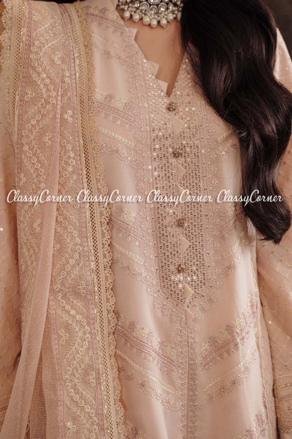 Beige Pink Lawn Embroidered Formal Wear Dress