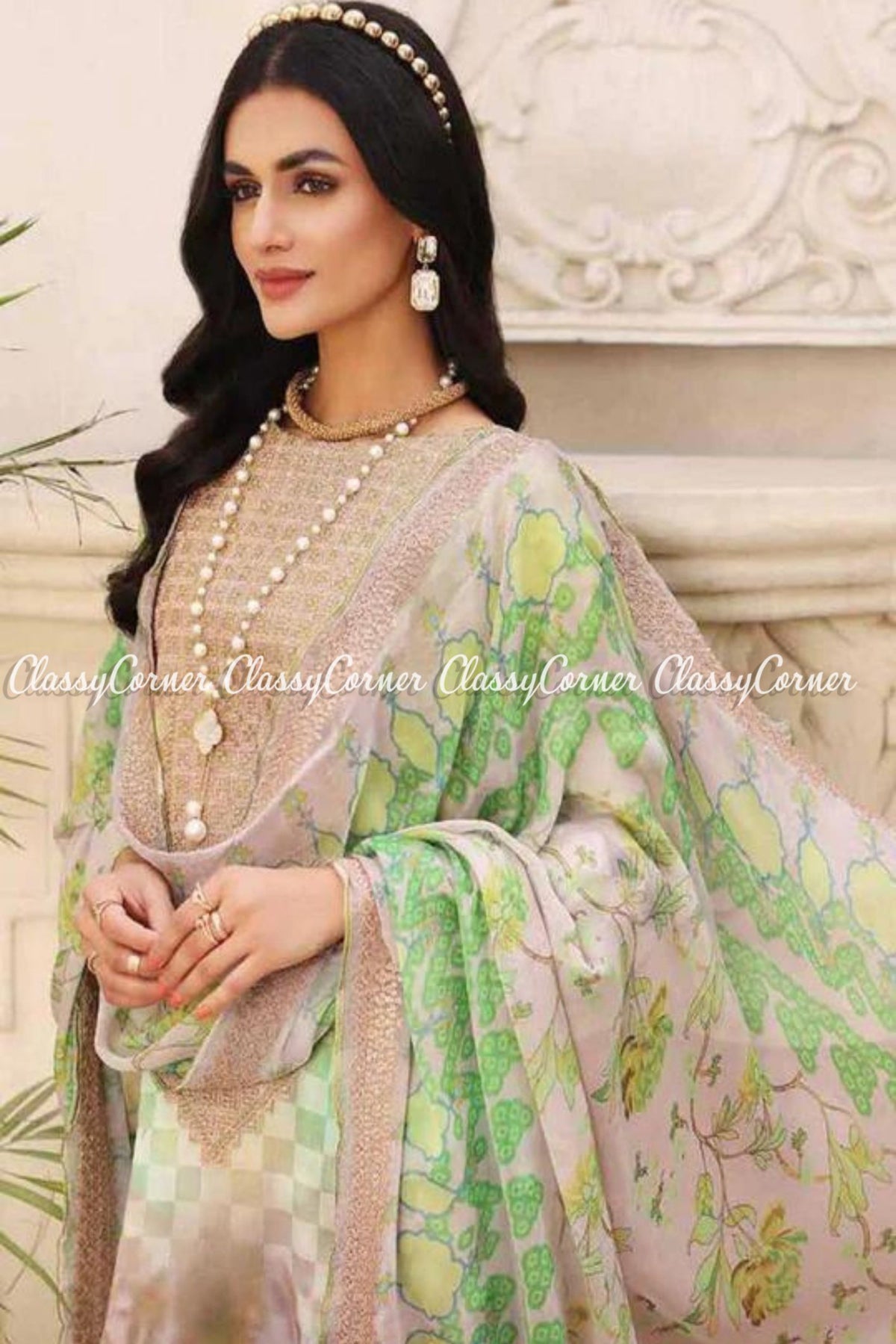 Beige Light Green Lawn Embroidered Pakistani Salwar Kameez