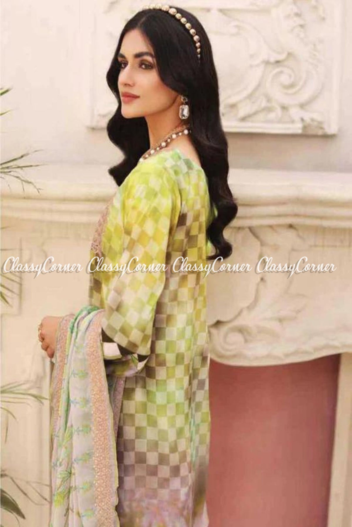 Beige Light Green Lawn Embroidered Pakistani Salwar Kameez