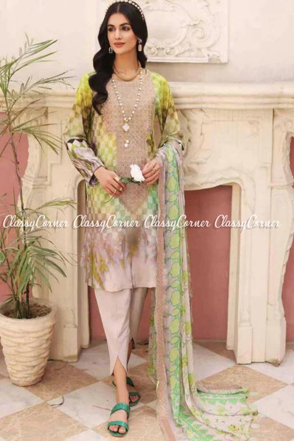 Beige Light Green Lawn Embroidered Pakistani Salwar Kameez