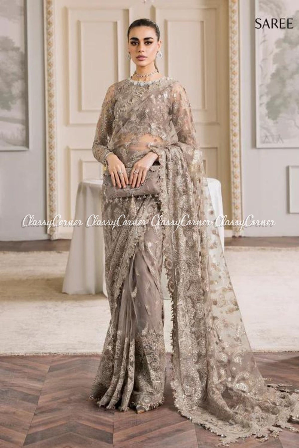 Beige Net Embroidered Party Wear Gown Saree