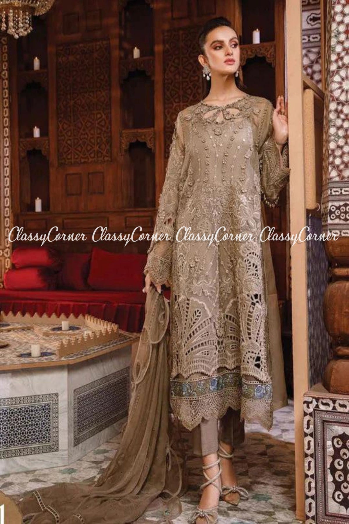 Beige Silver Organza Embroidered Party Wear Salwar Kameez