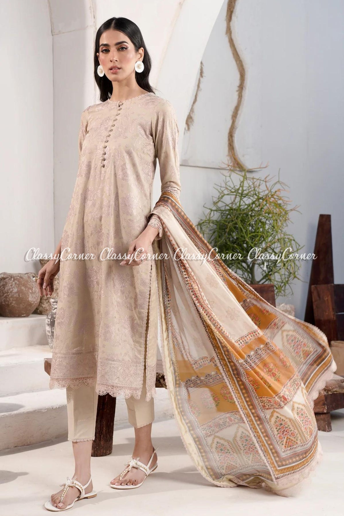 Beige Lawn Embroidered Pakistani Salwar Kameez