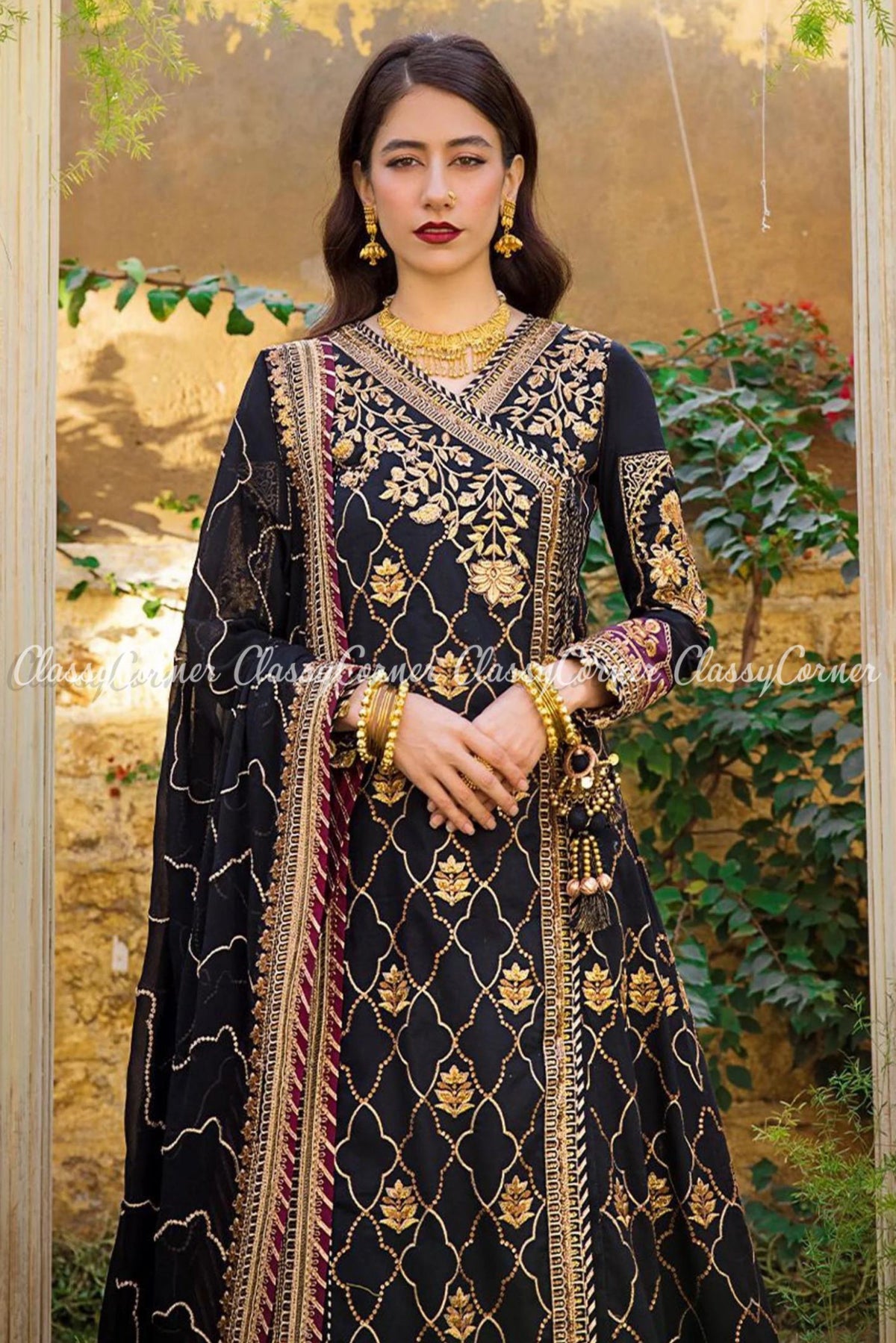 Black Golden Lawn Embroidered Anarkali Sharara Dress