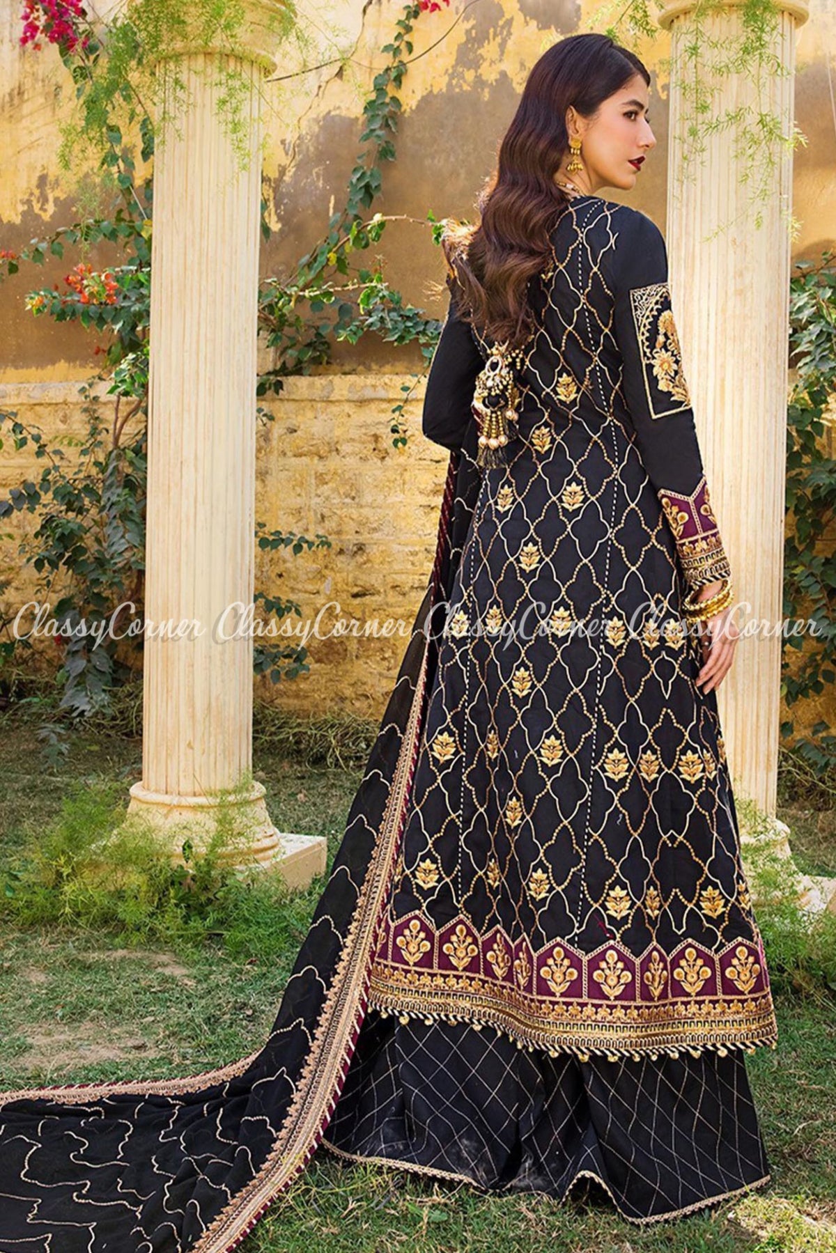 Black Golden Lawn Embroidered Anarkali Sharara Dress