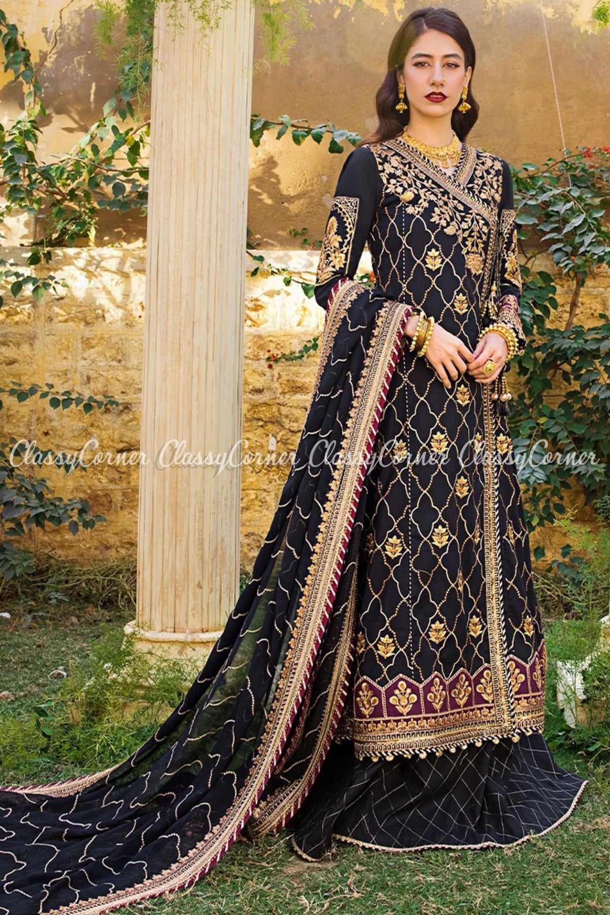 Black Golden Lawn Embroidered Anarkali Sharara Dress