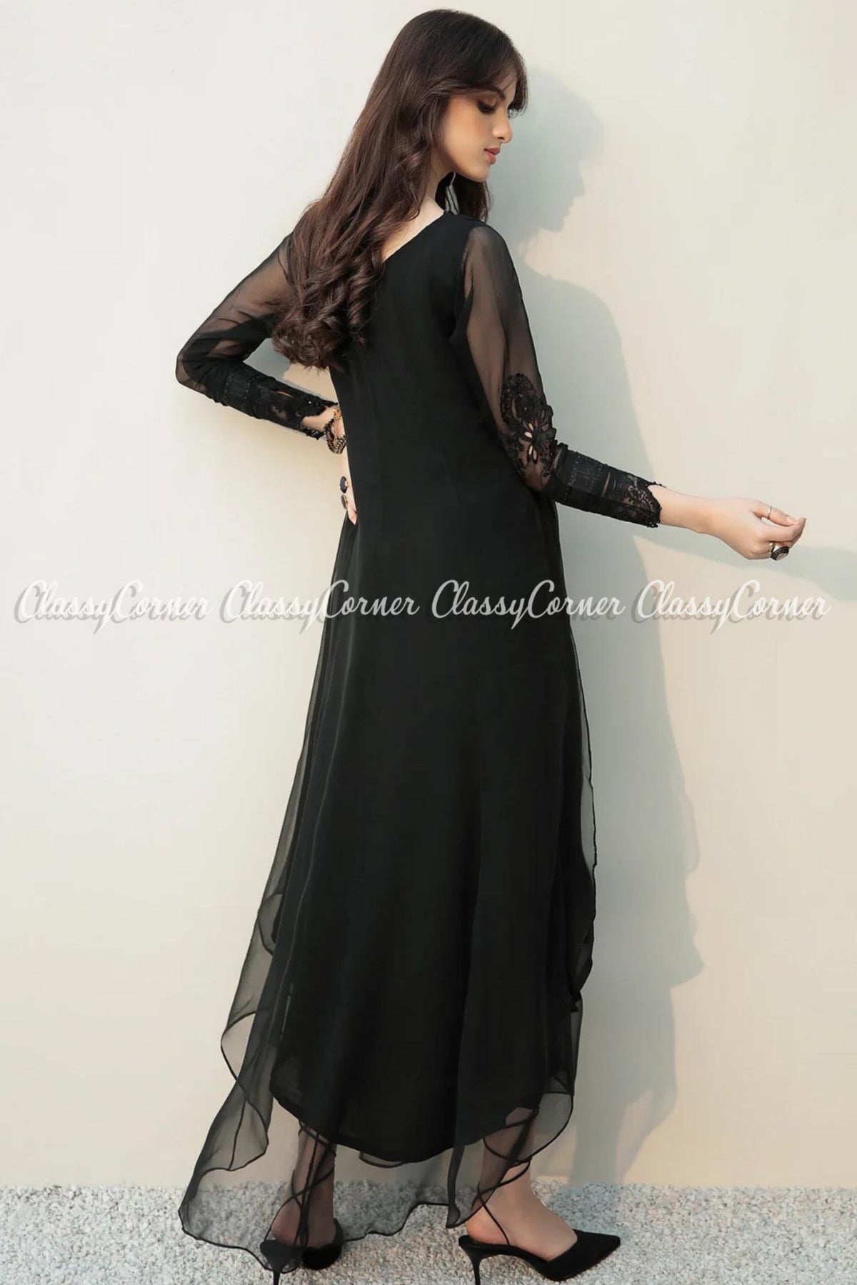 Black Embroidered Chiffon Pakistani Frock Outfit