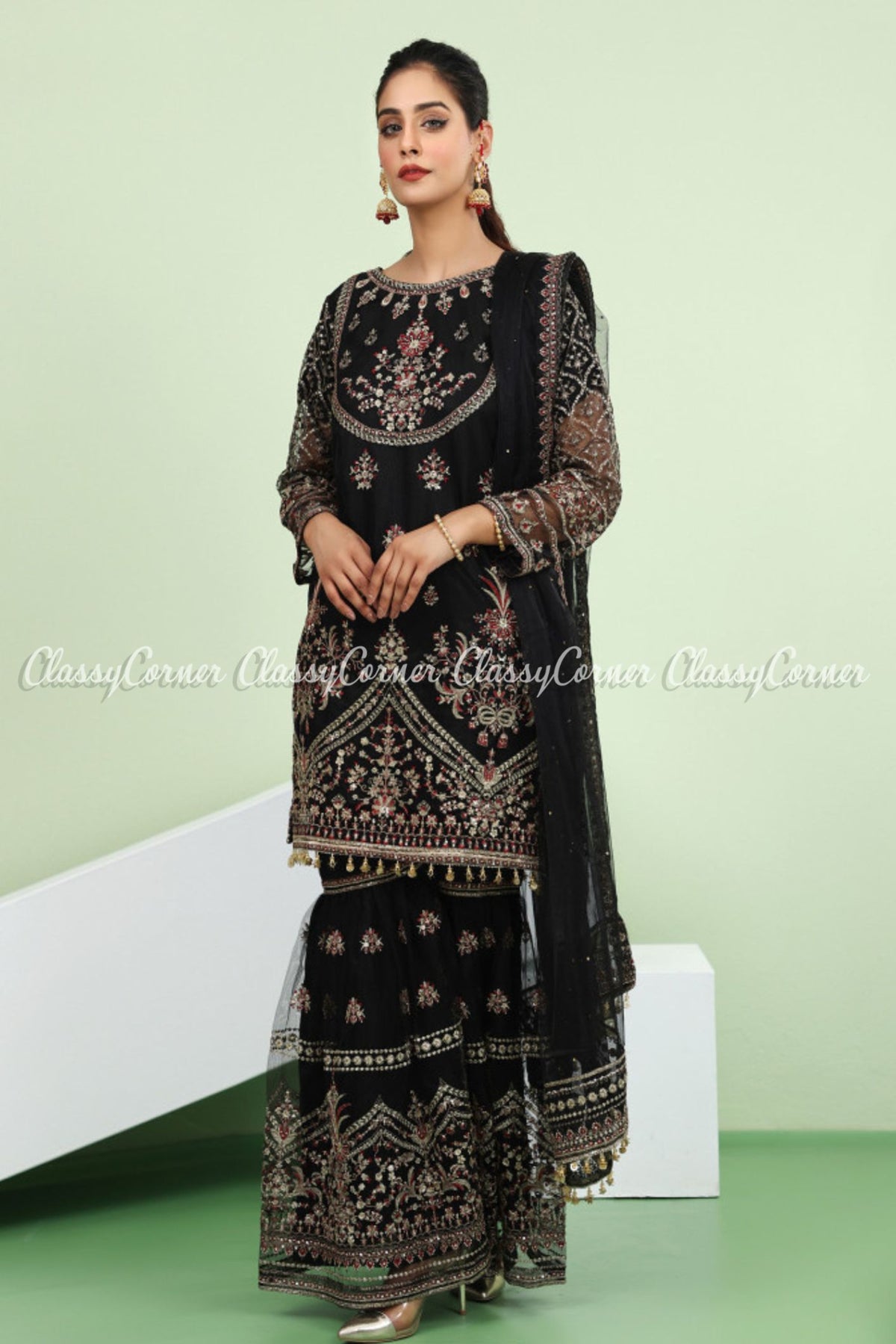 Black Red Net Embroidered Party Wear Gharara Suit