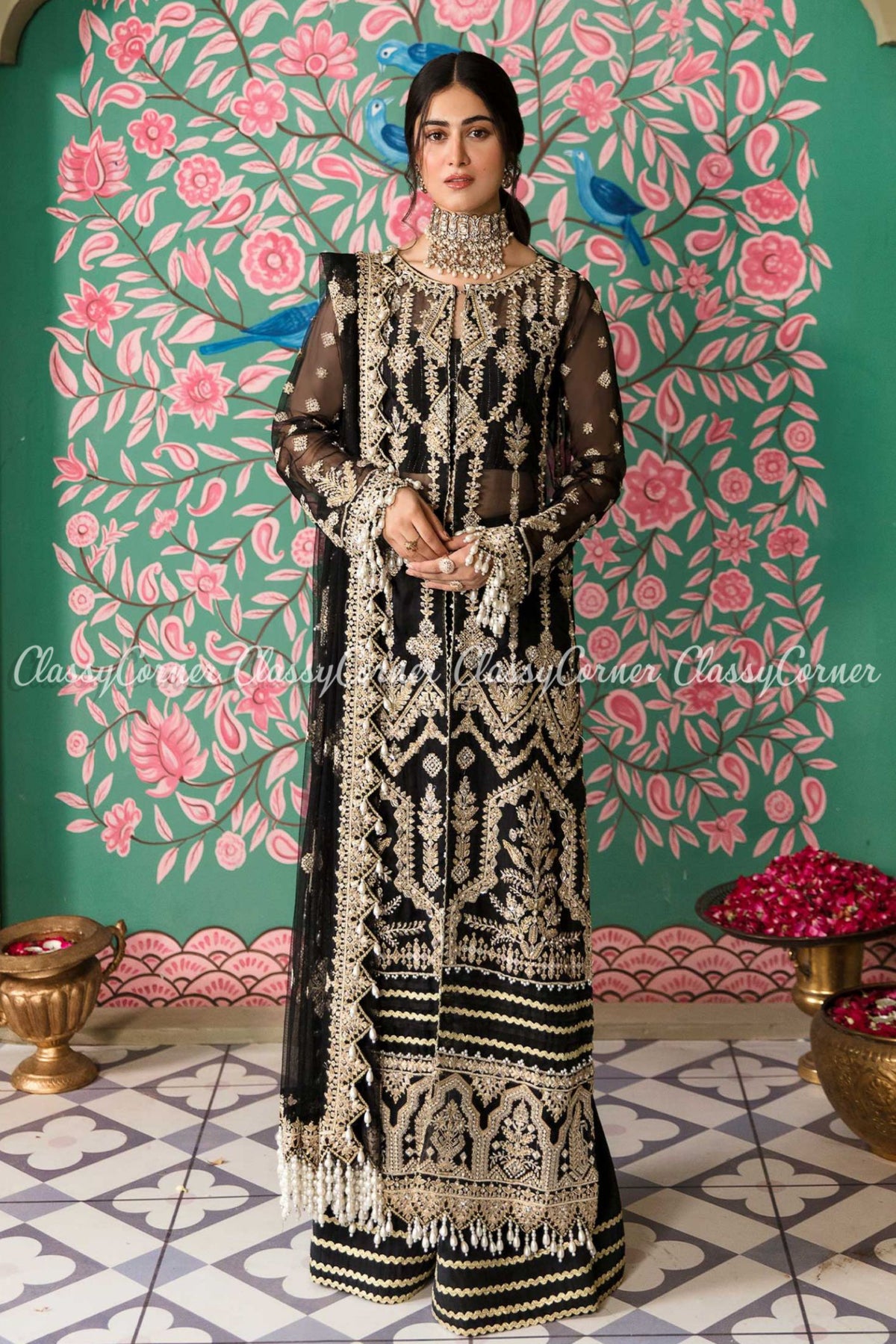 Black Golden Net Embroidered Party Wear Dress