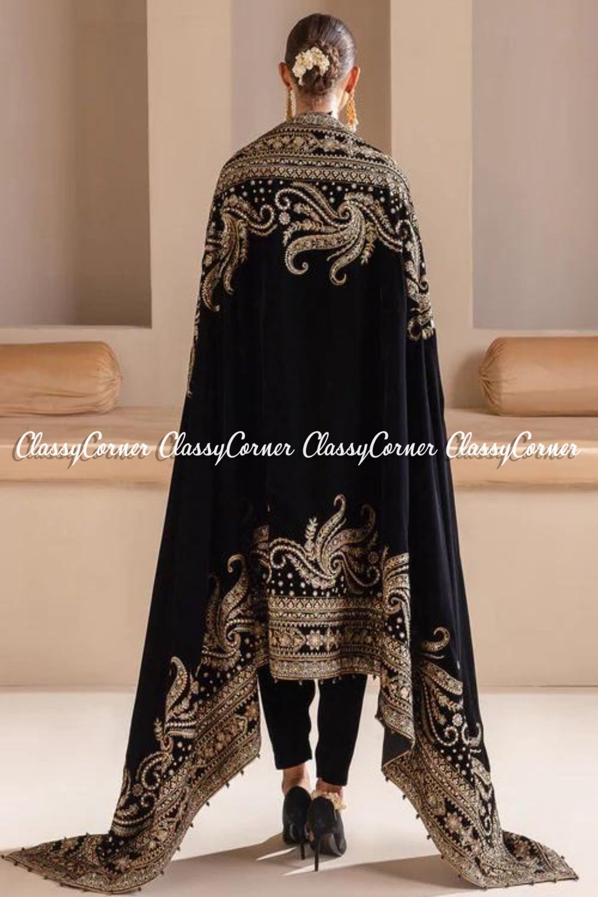 Exclusive Black Golden Velvet Embroidered Pakistani Shawl