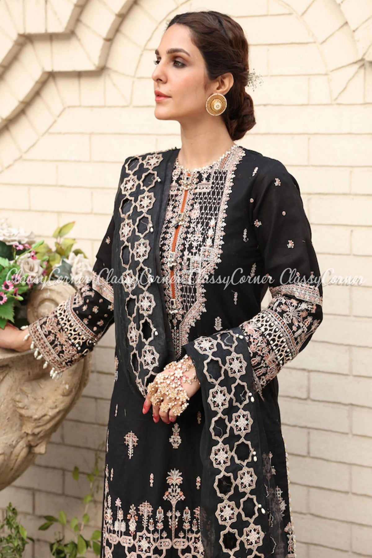 Pakistani Black Golden Lawn Embroidered Sharara Dress