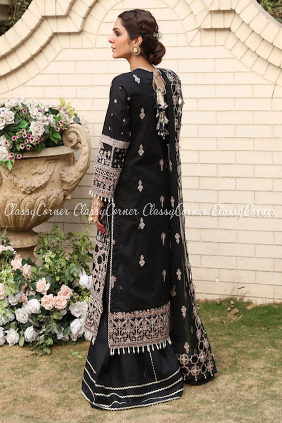 Pakistani Black Golden Lawn Embroidered Sharara Dress