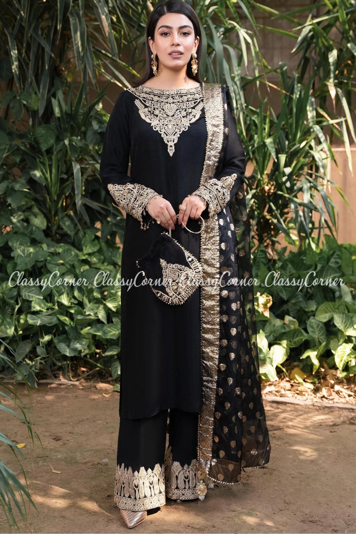 Pakistani Black Khaddi Silk Party Wear Salwar Kameez