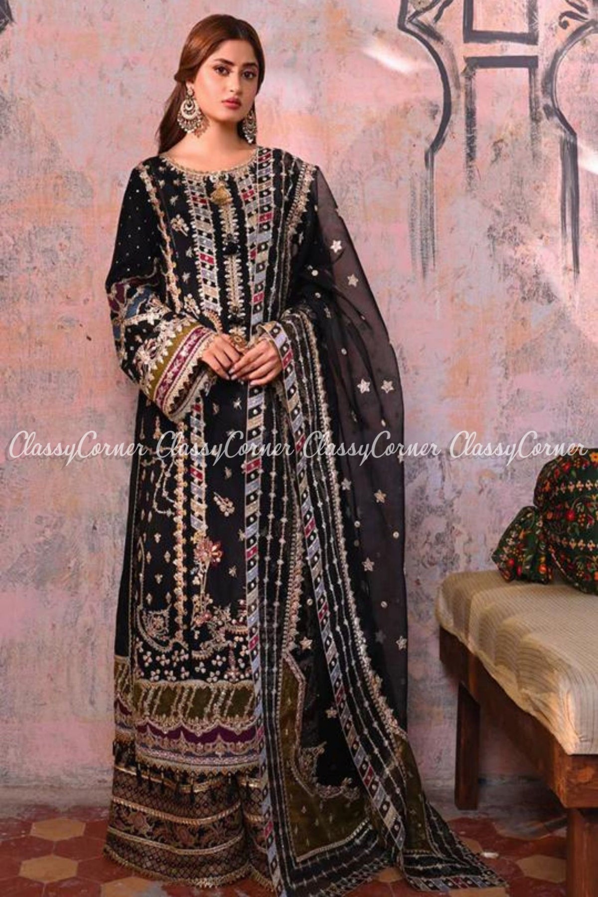 Black Multicolor Raw Silk Embroidered Salwar Kameez