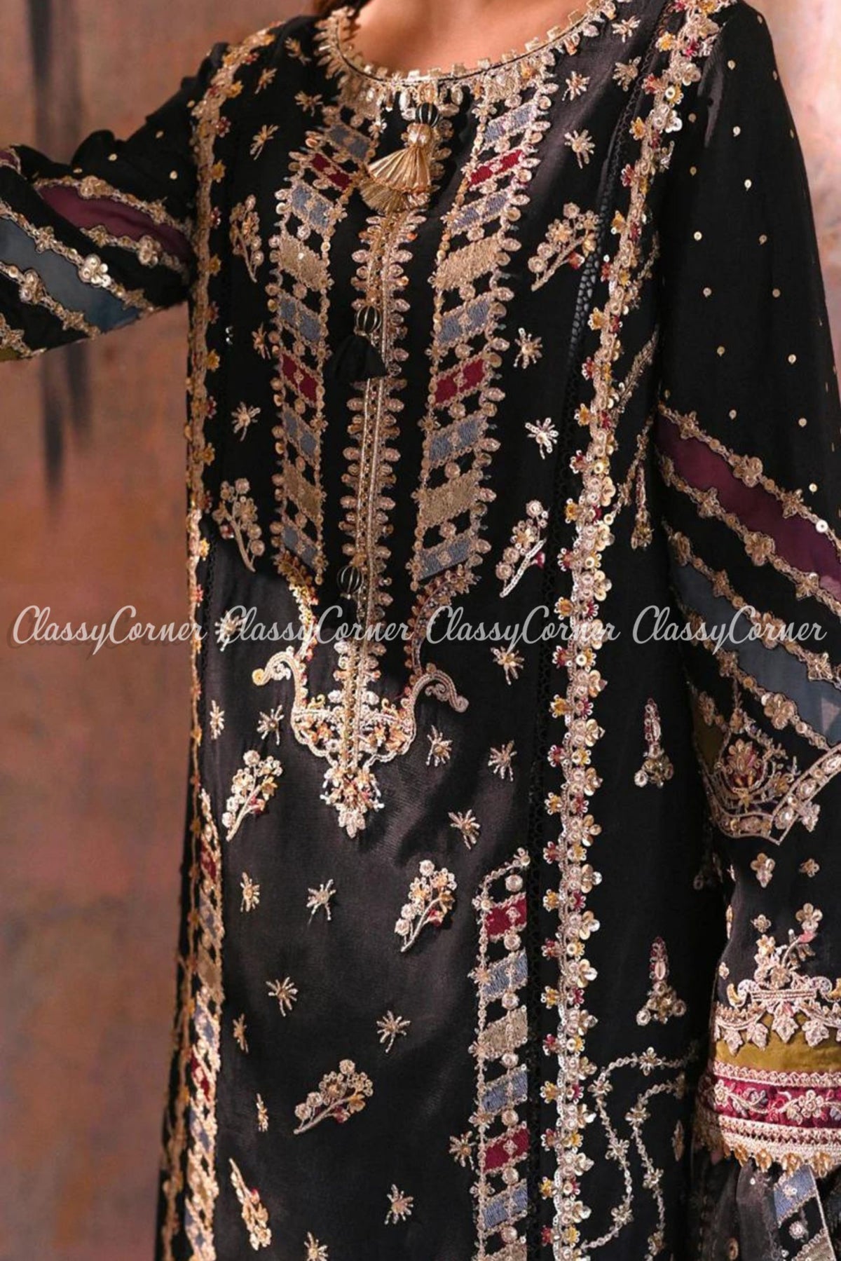 Black Multicolor Raw Silk Embroidered Salwar Kameez