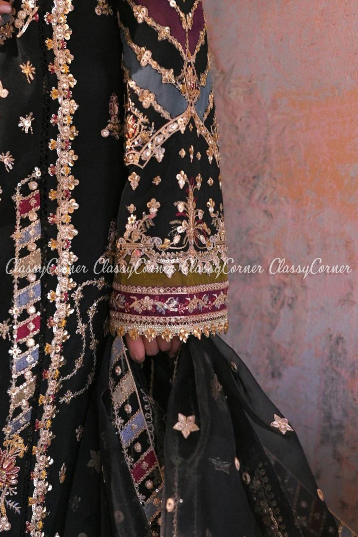 Black Multicolor Raw Silk Embroidered Salwar Kameez