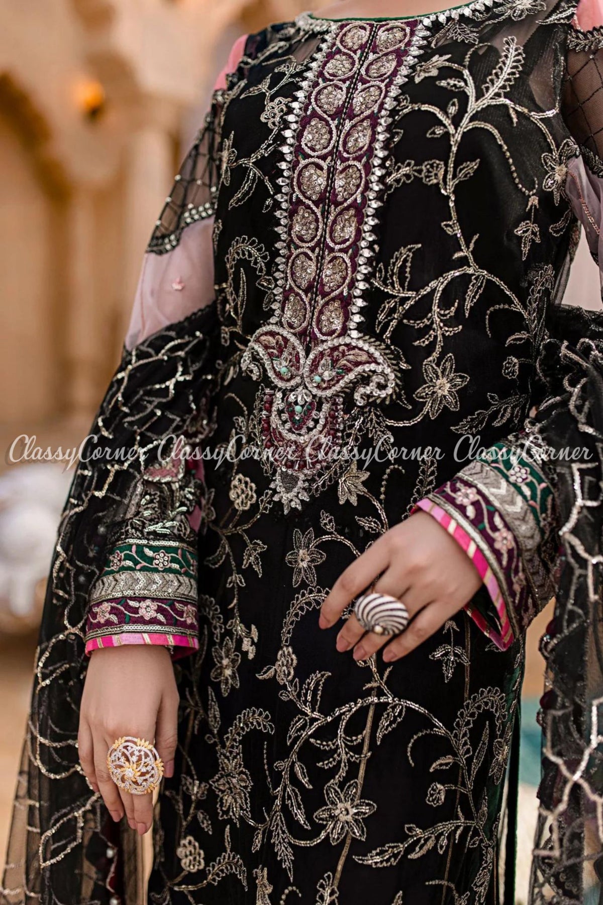 Black Multicolor Net Embroidered Party Wear Gharara Dress