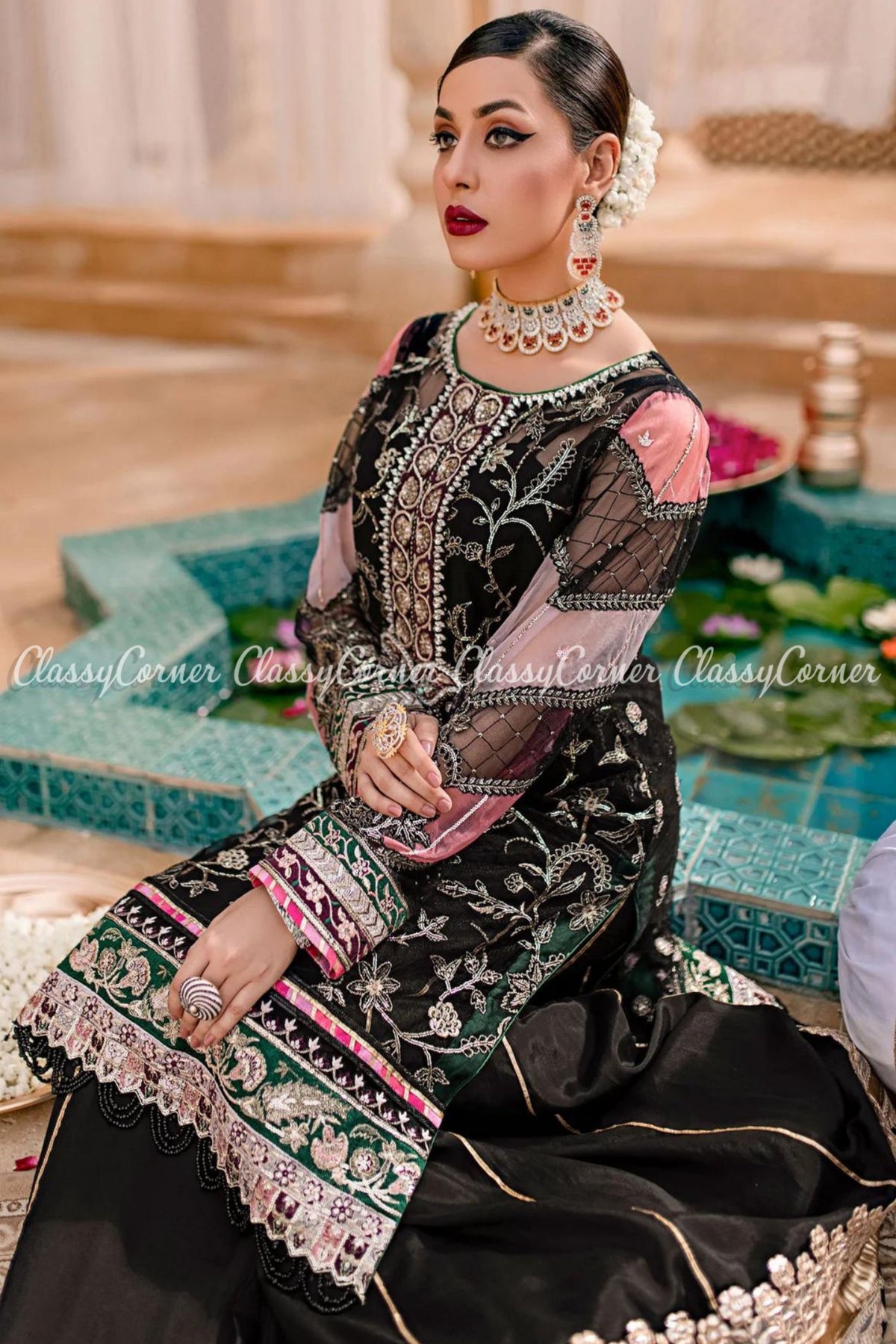 Black Multicolor Net Embroidered Party Wear Gharara Dress