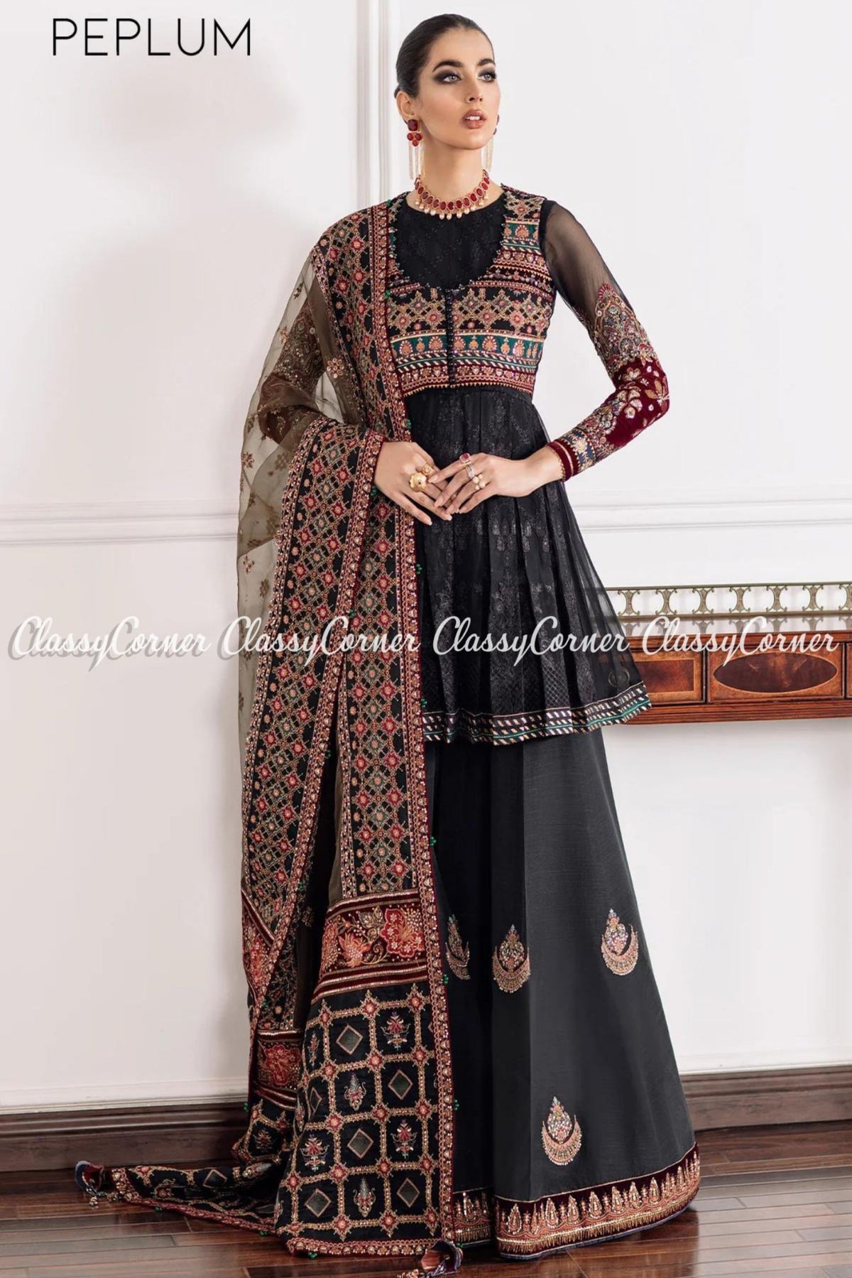 Pakistani Black Multicolor Chiffon Embroidered Sharara Salwar Kameez