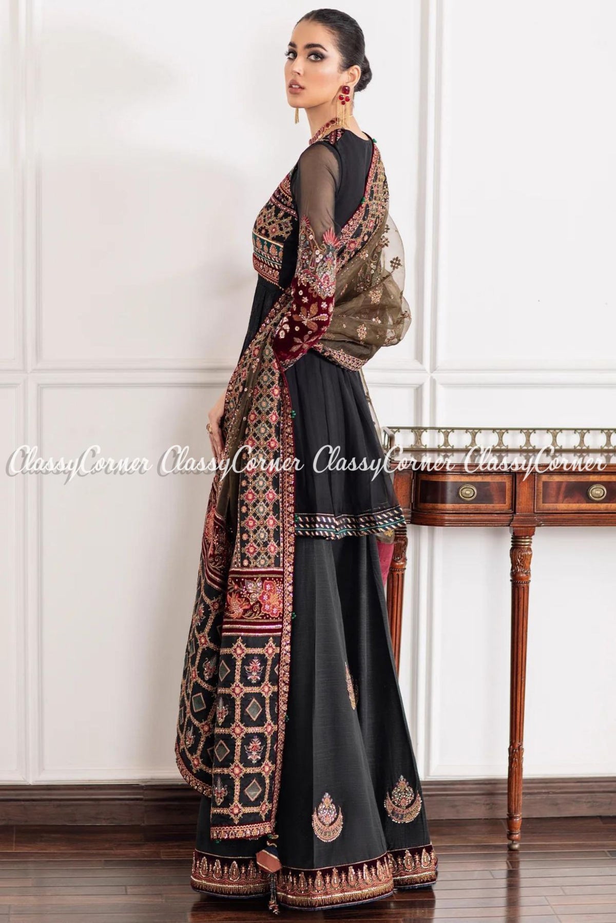 Pakistani Black Multicolor Chiffon Embroidered Sharara Salwar Kameez