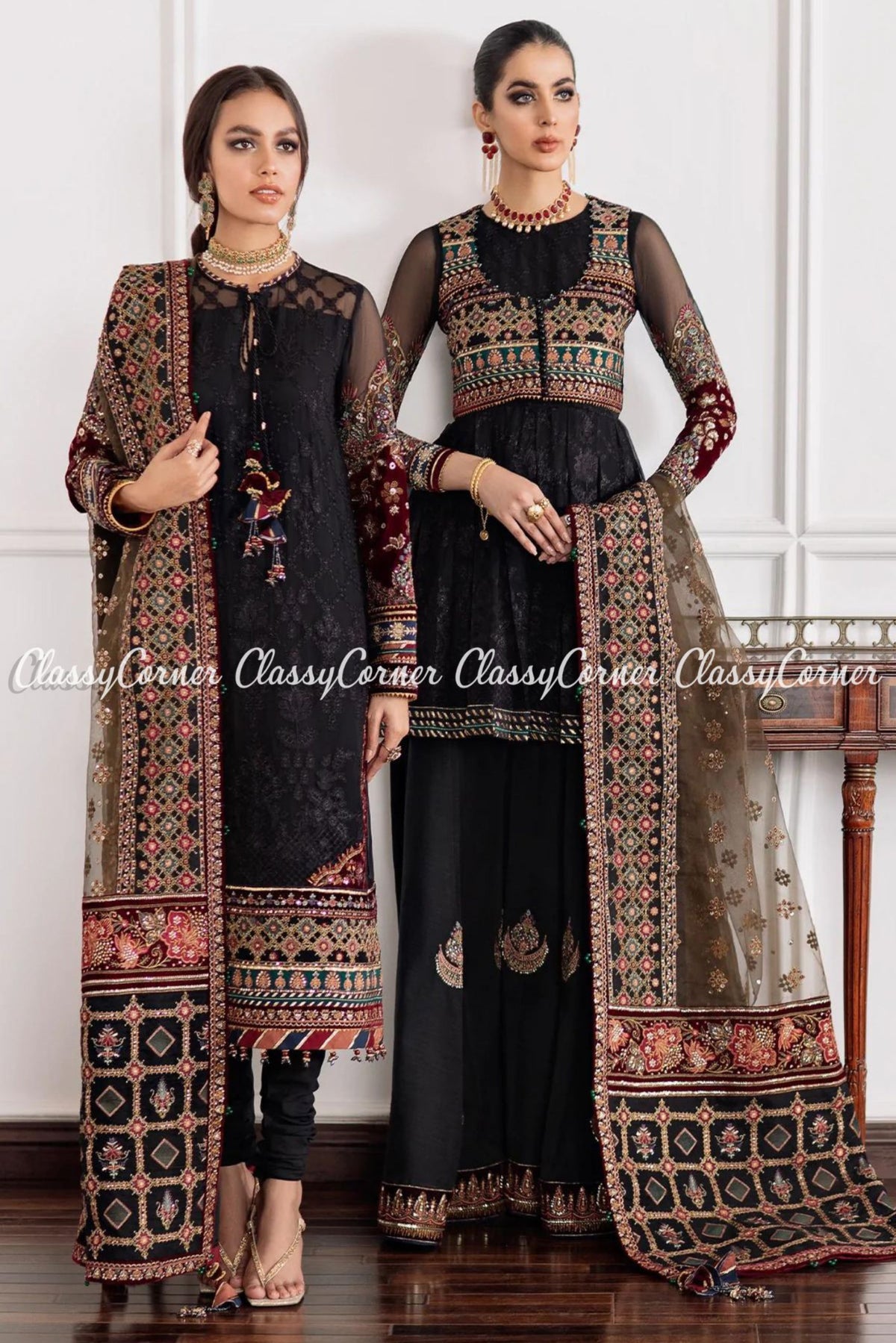 Pakistani Black Multicolor Chiffon Embroidered Sharara Salwar Kameez