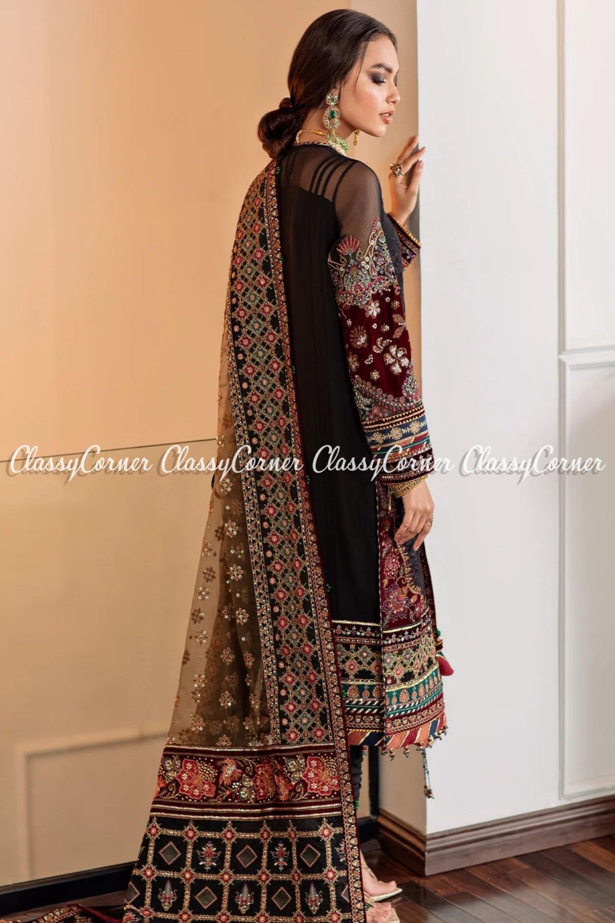 Pakistani Black Multicolor Chiffon Embroidered Sharara Salwar Kameez