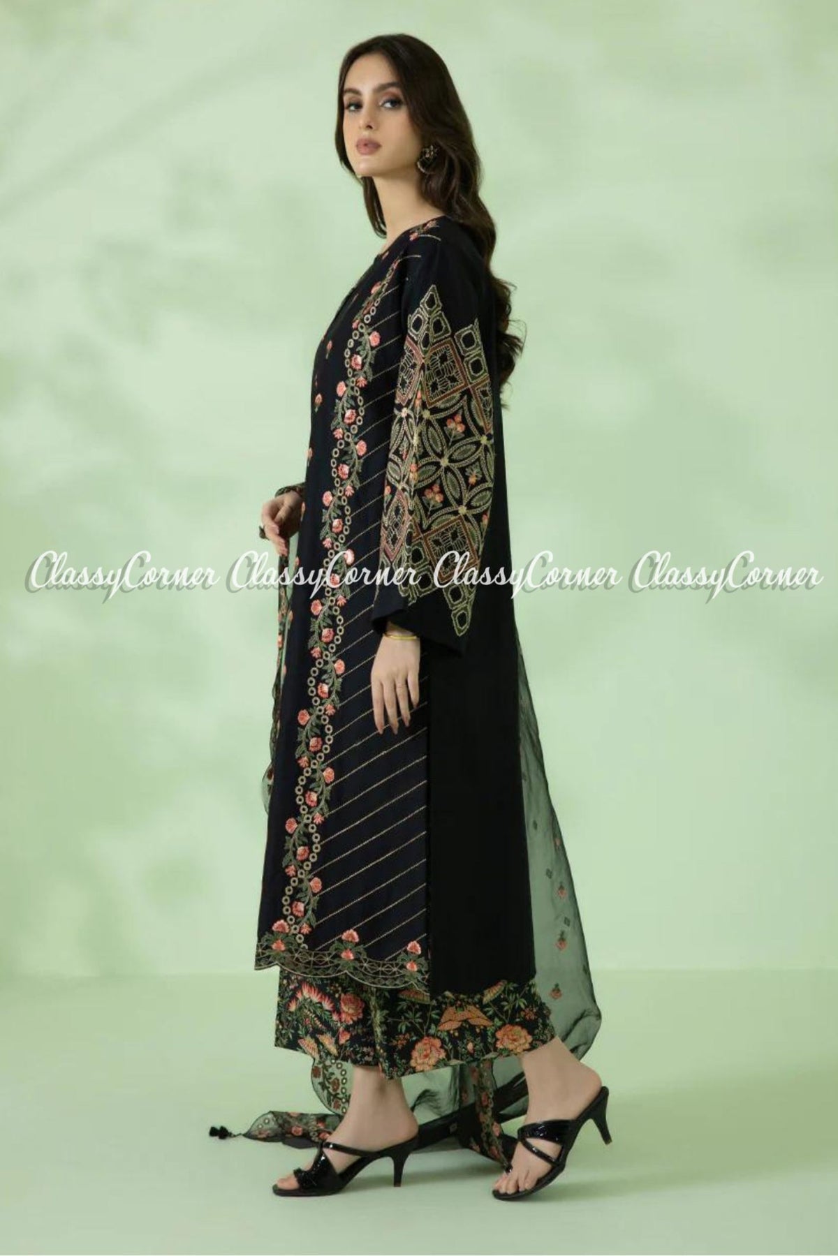 Black Multicolor Lawn Embroidered Formal Wear Salwar Kameez