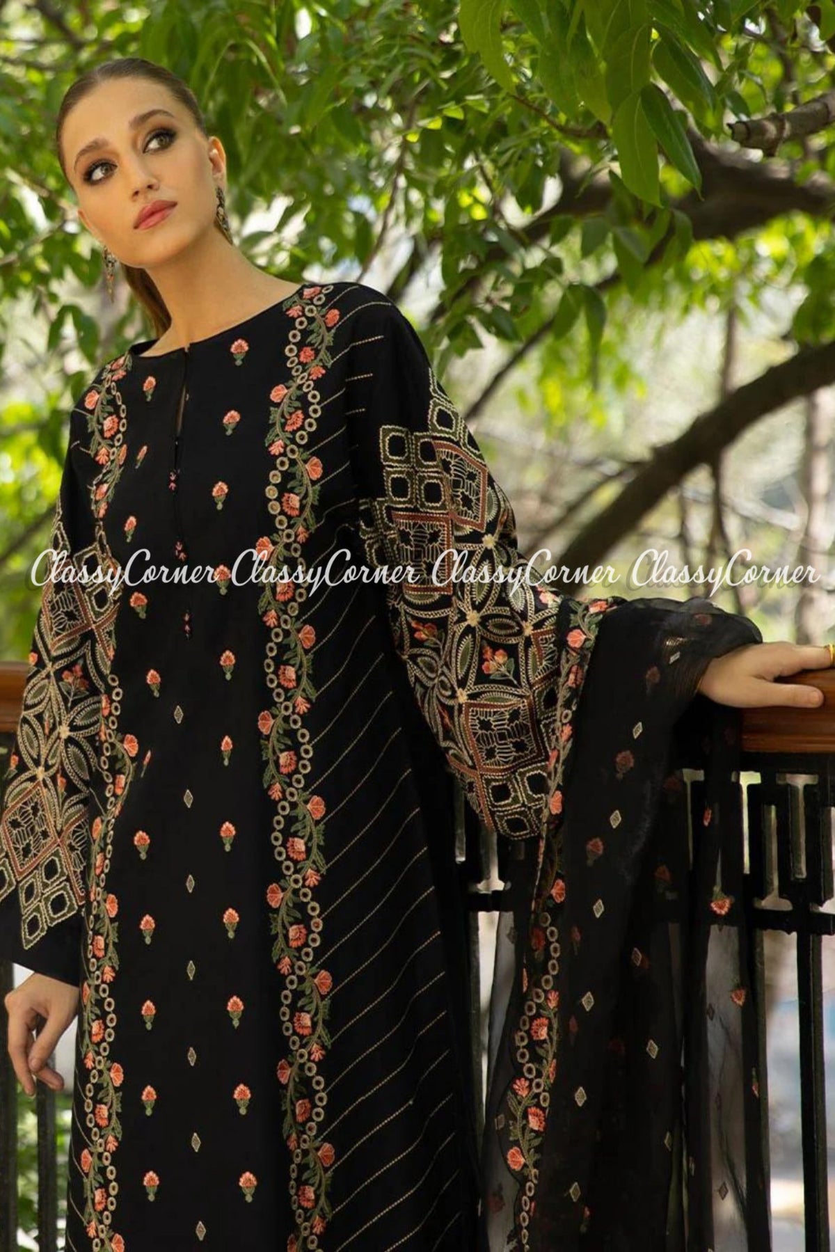 Black Multicolor Lawn Embroidered Formal Wear Salwar Kameez