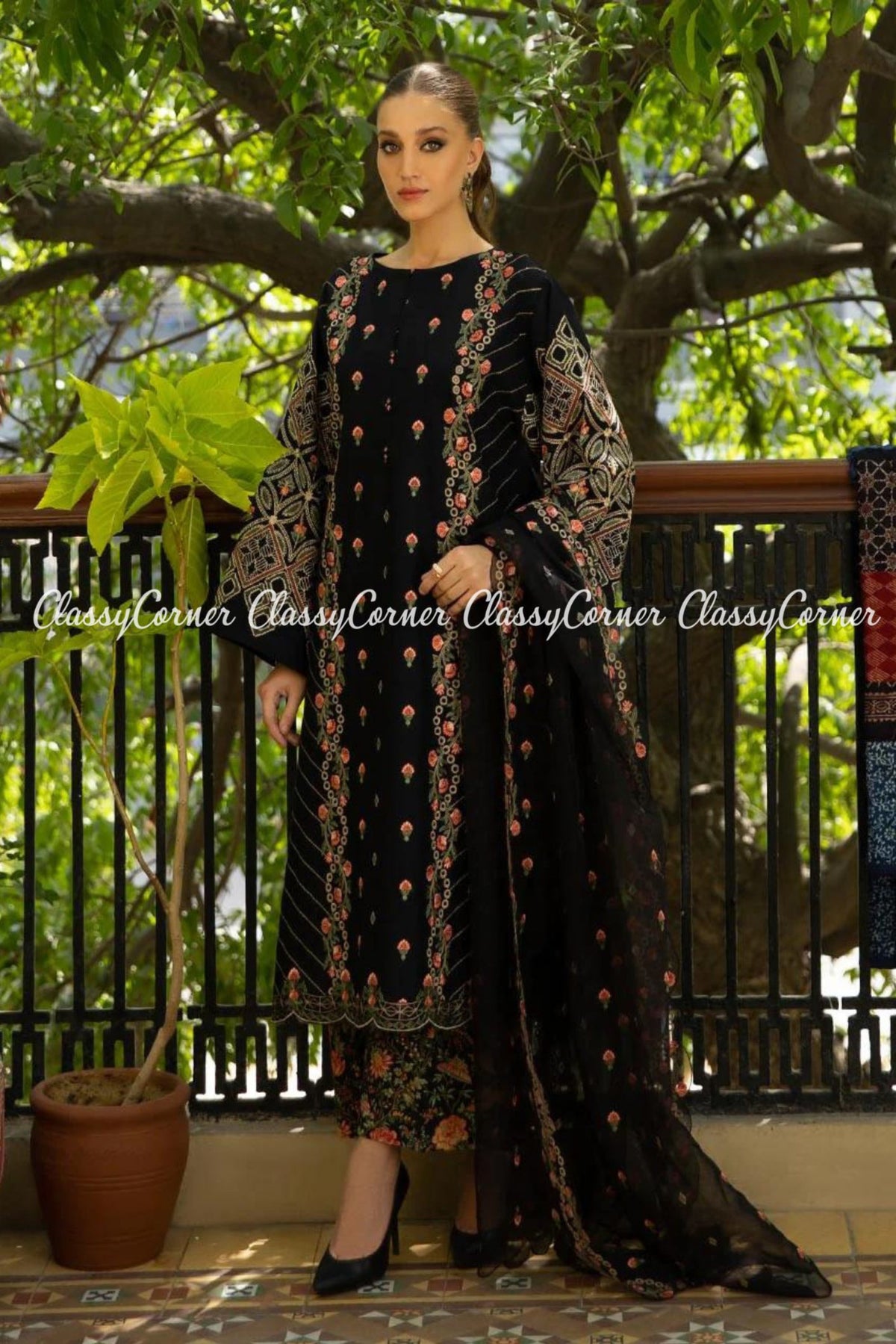 Black Multicolor Lawn Embroidered Formal Wear Salwar Kameez