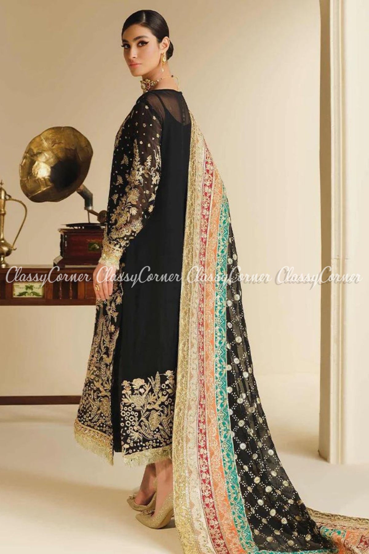 Black Golden Multicolor Embellished Party Wear Salwar Kameez