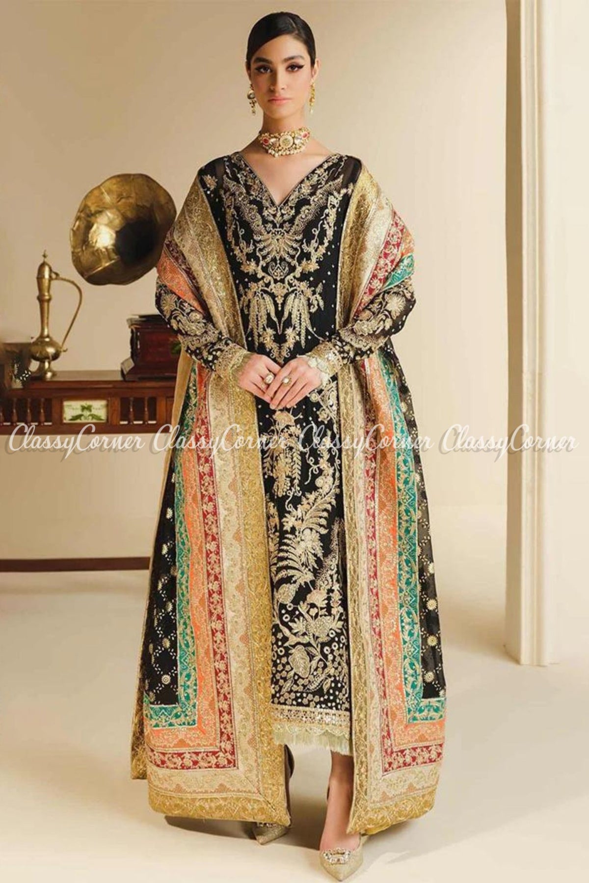 Black Golden Multicolor Embellished Party Wear Salwar Kameez