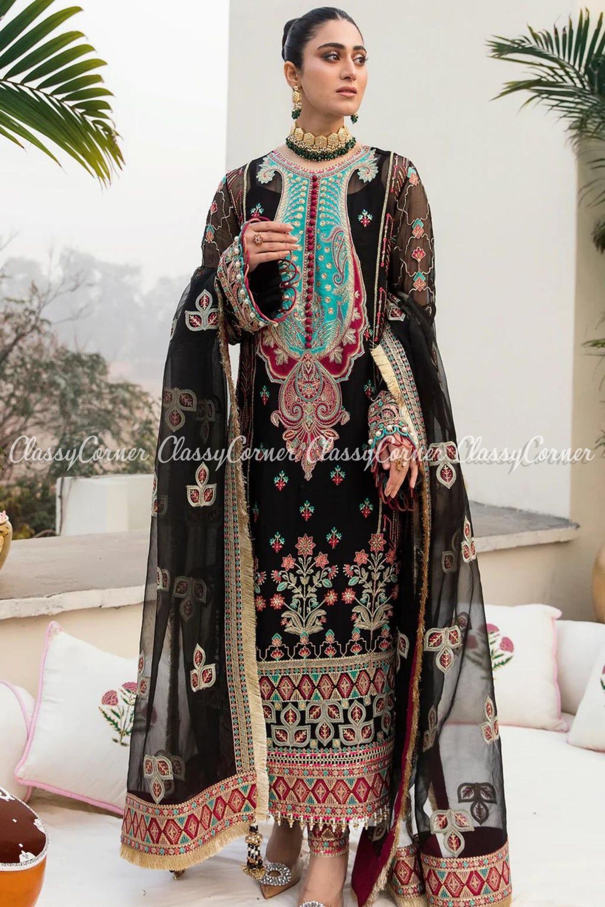 Black Multicolor Chiffon Embroidered Party Wear Salwar Kameez