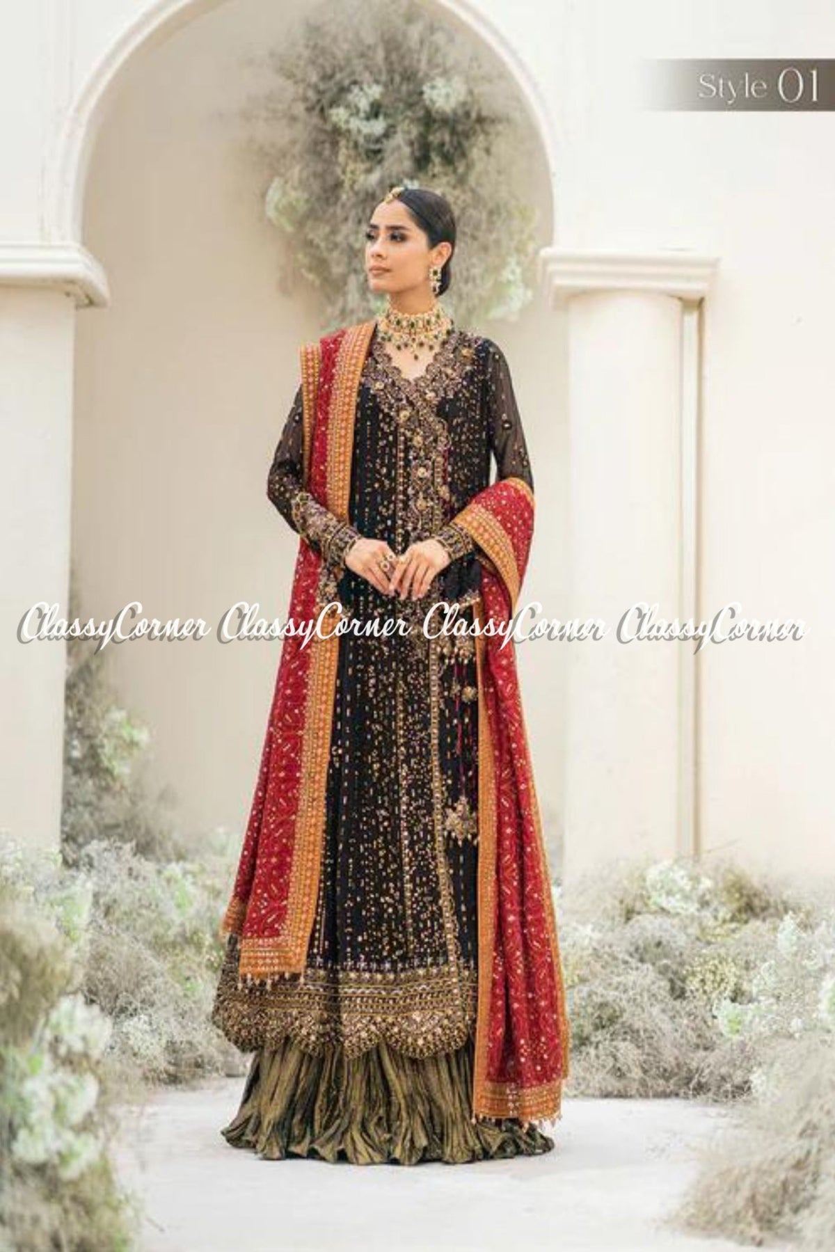 Black Multi Chiffon Embroidered Wedding Wear Outfits - Classy Corner